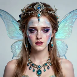 portrait of crying fairy, symmetric, facepaint facepaint facepaint, intricate jewelry, trending on artstation 4 k, in the style of karol bak and tom bagshaw, bust with face of emma watson