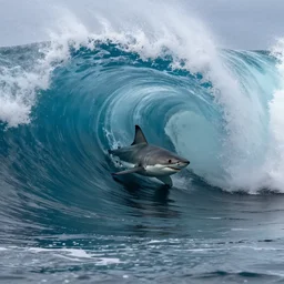 giant waves rolling over, inside the tunnel, with great white shark inside the wave tunnel, by national geographic, high speed photography, refractions, nazare ( portugal )