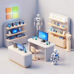 a small 2 0 5 0 s microsoft shop, phones, tablets, robots and mannequins, interior environment concept art design by fzd trending on artstation.