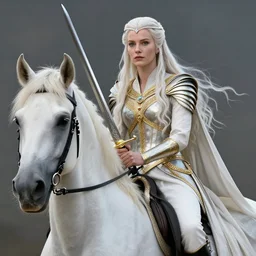 a fantast beauty detailed candice swanepoel as galadriel riding a white horse, with a curved sword, platinum white wavy long hair, white headband in the front with diamonds, jewelry body armor in golden and silver colors, detailed, epic masterpiece of cinematographic hyperrealism, realistic shaded lighting poster by craig mallismo, artgerm, jeremy lipkin and michael garmash,