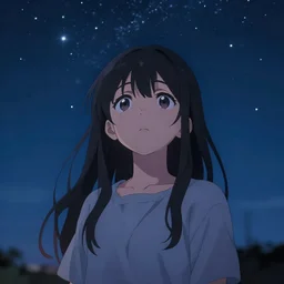 Centred shot of anime girl looking up at the stars, bokeh background, ultra detailed, 8K