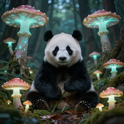 a panda in the forest of bioluminescent mushroom ,realistic ,magical forest, 8k , digital art ,