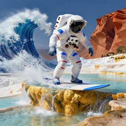 a beautiful digital painting of an astronaut in a white and royal blue luxurious space suit surfing a tsunami  at Antelope Canyon on a chic surfboard at Pamukkale, thermal waters flowing down gold travertine terraces by greg rutkowski, award winning photo, trending on artstation, highly detailed, unreal engine, octane render
