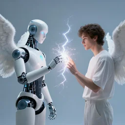 a godly robot and a human man adam touch, exchanging lightning of beautiful energy, angelic clouds in the background, cinematic, inspired by the creation of adam by michelangelo, creazione di adamo