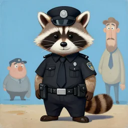 painting cartoon of racoon in security black uniform, by don bluth, artgerm and beeple,