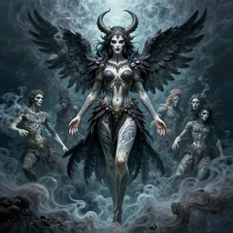 goddess of death with full body tattoos and black feather armor, by petros afshar, ross tran, peter mohrbacher, tom whalen, underwater psychedelic smoke, highly detailed, intricate, elaborate, illustration, sharp focus, feauted on artstation