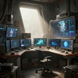 artstation scifi scene of a complex computer workstation in a small studio apartment room, many monitors, many electronics, a window view, very detailed, maximalism, ambient occlusion, volumetric light, sun beam, atmospheric haze, unreal engine, hyper realism, realistic shading, cinematic composition, realistic render, octane render, detailed textures, photorealistic, wide shot