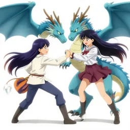realistic kobayashi and toohru in dragon form, from kobayashi's dragon maid, along with kanna kamui, also in dragon form play fighting in green meadow, lighting, high - contrast, intricate, elegant, highly detailed, centered, digital painting, artstation, concept art, smooth, sharp focus, illustration 8 k