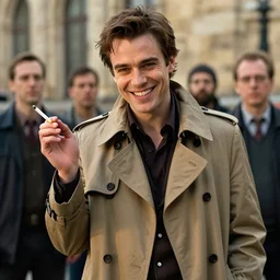 photorealistic portrait of beautiful jean dujardin as the artist, charismatic smiling thief, with a light brown trench coat and holding a cigarette, in dresden files movie, hd, by artgerm and edgar maxence and greg rutkowski and rob rey