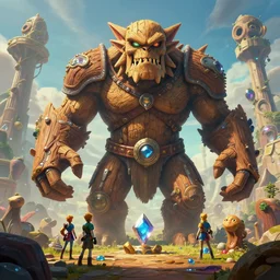 zelda fantasy art giant golem troll wood rock greeble gemstone, global illumination ray tracing hdr fanart arstation by sung choi and eric pfeiffer and gabriel garza and casper konefal bastion forged hardmesh lisa frank zbursh central