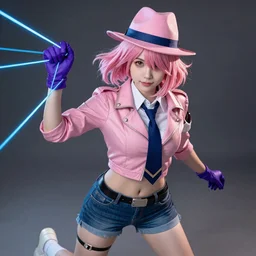 An epic fantasy comic book style portrait painting of a young woman, with a wavy short pink hair and pink fedora hat, wearing a light pink jacket with a dark blue tie, purple gloves and blue jeans shorts and white shoes. She is holding blue neon strings tied on her hand, Unreal 5, DAZ, hyperrealistic, octane render, cosplay, RPG portrait, dynamic lighting