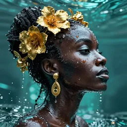 hyperrealistic post - dada cinematic very expressive! profile black oshun goddess, emerging from water!!, mirror dripping droplet!, gold flowers, highly detailed face, digital art masterpiece, smooth eric zener cam de leon, dynamic pearlescent teal light, low angle uhd 8 k, sharp focus