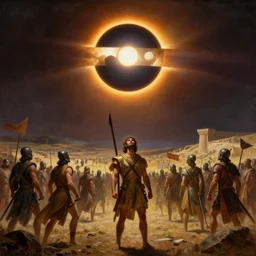 a total solar eclipse fills the sky, lydian warriors on an ancient battlefield stop and look up. 5 0 0 bc. beautiful painting by artgerm and greg rutkowski, dramatic lighting, rich colors.