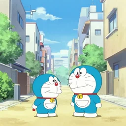 wide shot, sonic and doraemon, game still sprites, tokyo residential neighborhood,illustration,concept art