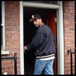 Portrait of a 1990s Philadelphia b-boy looking back while exiting his apartment, photographed for Reuters, Kodak Portra 400, 25mm f/1.8, light diffusion, contrast, film grain, 8k archival print