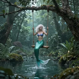a mermaid with white hair swings from a tree in the middle of a rainforest over water artstation realism