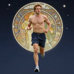full body portrait, ian bohen jogging in short shorts, sneakers, starlight background, alphonse mucha, rhads, ross tran, artstation, artgerm, octane render, 1 6 k