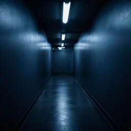 underground lab hallways, dark blue and black, unknown location, clean, dry wall, shiny black floors, branching hallways, cinematic