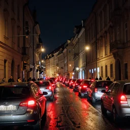 narrow street in prague at night, cars waiting for traffic light, high buildings, architecture, red taillights, puddles, reflections, car in the foreground, pedestrians, color grading, film grain, ektachrome