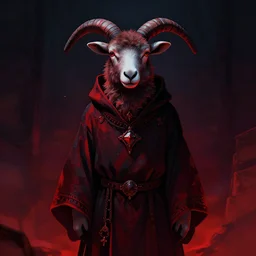 lamb wearing cultist robes, dark colors, colorful, reds and blacks, ambient glow, digital art