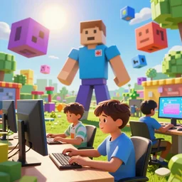 photo of (kids with computers)!! outside in the sun, large roblox!! shapes floating all over, bright colors