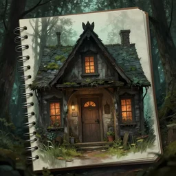 a cottage in the woods with a notepad for front door, trending on artstation, detailed digital art, eerie thriller aesthetic!!!!,