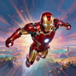 iron man flying in a psychedelic landscape, digital art