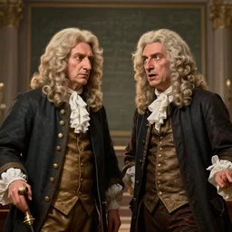 isaac newton and leibniz fighting over calculus, detailed, centered, digital painting, artstation, concept art, in the style of a pixar film, breathtaking, 8 k resolution, extremely detailed, beautiful, establishing shot, artistic, hyperrealistic, octane render, cinematic lighting, dramatic lighting,