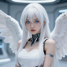 Beautiful cyborg angel girl, blue eyes, white hair, front light, clear skin, futuristic room background, excellent composition, innocent look, high quality, highly detailed, scifi, trending on ArtStation, Akihiko Yoshida