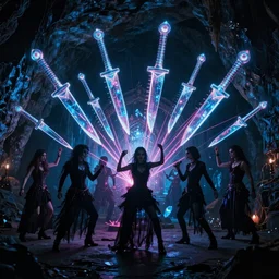 cinematic shot of a goth disco in a cave, holographic knives!!! with pink lasers and blue crystals, brutal weapons!!! holographic knives!!! goth people dancing, dark evil ritual, 8 k photograph