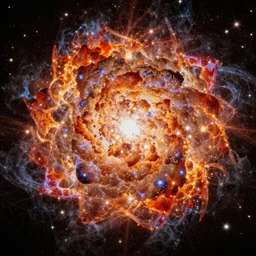 An ultra high-resolution 8K full-canvas scan of a exploding star, fine art, trending, featured, 8k, photorealistic, dynamic, energetic, lively perspective, well-designed masterpiece, hyper detailed, unreal engine 5, IMAX quality, cinematic, epic lighting, light and shadow, ocean caustics, digital painting overlaid with aizome patterns, by Ohara Koson and Thomas Kinkade, traditional Japanese colors, superior quality