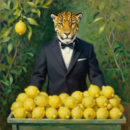 a character with a jaguar face wearing a suit selling lemons at a lemon stand in a garden, oil painting, classic art