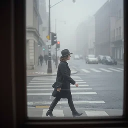 a real photo of a woman wearing a hat crossing the street, by saul leiter, viewed from a foggy window