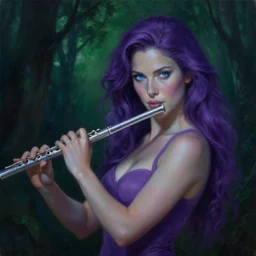 painting of alluring woman in the darkened green forest at midnight, beautiful blue eyes, detailed face, flowing purple hair, skintight tunic, silver flute, smooth, sharp focus, award - winning, masterpiece, extremely detailed, intricate, art by rebecca guay, rossdraws