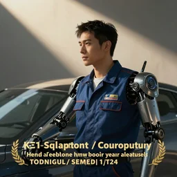 car mechanic solarpunk with shoulder robot helper