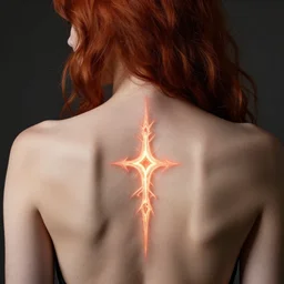 sigil of the eternal curse as a glowing tattoo on the back of a red-headed woman by Kim Myatt