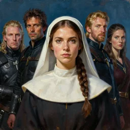 portrait of a female cleric of torm with olive skin and brown hair tied back in a braid. symmetrical. fantasy concept art. moody epic painting by james gurney, greg rutkowski, charlie bowater, giger, maxim verehin and alphonso mucha. artstationhq. painting with vivid color. ( dragon age, witcher 3, lotr )