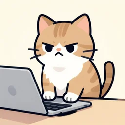 vector illustration of a grumpy looking cat sitting on the keyboard of a laptop looking at me, digital art, cute, illustration, vector