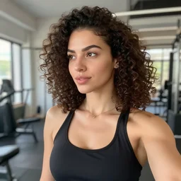 female influencer in gym instagram selfie photo looking to the left with curly hair in room mona lisa face # photography # beauty