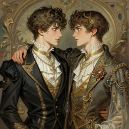 attractive male couple looking at each other, art by posuka demizu, tumblr, viennese actionism, fantasy, intricate and very very beautiful and elegant, highly detailed, digital painting, artstation, concept art, smooth and sharp focus, illustration