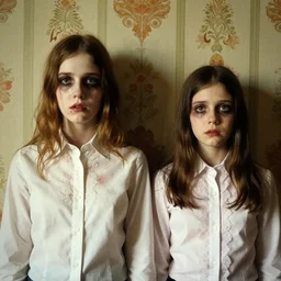 two beautiful but creepy siblings wearing oxford shirts in layers of fear, with haunted eyes, 1 9 7 0 s, seventies, wallpaper, a little blood, morning light showing injuries, delicate embellishments, painterly, offset printing technique, by brom, robert henri, walter popp
