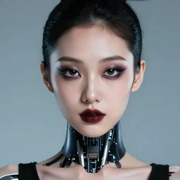 facial portrait of a korean robot ballerina with dark makeup, dark cyberpunk background, lens flare, rain, deep focus, d & d, intricate, elegant, highly detailed, photo, artstation, blade runner, 8 k, sharp focus, octane, unreal engine 5, global illumination, radiant light