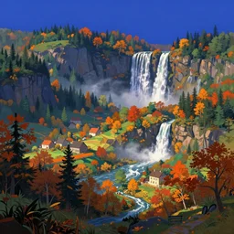 idyllic fantasy autumn landscape, indigo sky, lush forests vista waterfalls villages, buildings artstation illustration sharp focus sunlit vista painted ruan jia raymond swanland lawrence alma tadema zdzislaw beksinski norman rockwell tom lovell alex malveda greg staples