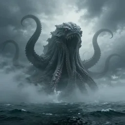 a huge terrifying lovecraftian sea monster with tentacles that rises out of the waters of an ocean bay, heavy fog, atmospheric, cinematic, 3D, dramatic sky, establishing shot, low angel, water splash, thunderstorm, Octane render, 8K, ridley scott, david fincher