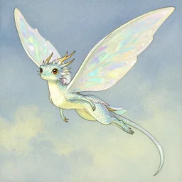 illustration of a beautiful iridescent flying fairy - inspired dragon with expressive eyes and long tail, by arthurrackham williamblake edmunddulac