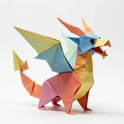 origami dragon in multi colored paper, 3 d render, ultra detailed, on white background, studio shot