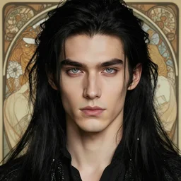 portrait of tall, 3 3 - year - old handsome man with long dirty black hair, and ice grey eyes, wearing black clothes, no beard, hyper realistic face, beautiful eyes, close up, fantasy art, in the style of greg rutkowski, intricate, alphonse mucha, hyper detailed, smooth