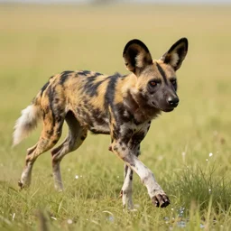 an african wild dog on the african plains, friendly, flies, long grass, sparkling water, glistening, hyper realistic, hyper detailed, digital art, trending in artstation, cinematic lighting, studio quality, smooth render, unreal engine 4 rendered, octane rendered, by paul lehr