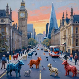 full painting of london city filled with genetically modified animals, streetview, scene shows street busy with genetically modified animals, zdzislaw beksinski, lewis jones, dariusz zawadzki, wayne barlow, warhammer fantasy, cold hue's, warm tone gradient background, concept art, 4 k, ultra - high - definition