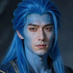 a portrait of a man with long blue hair and blue skin, a character portrait, clean shaven, trending on deviantart, fantasy art, lighthearted, handsome, style by donato giancola, wayne reynolds, jeff easley dramatic light, high detail, cinematic lighting, trending on artstation